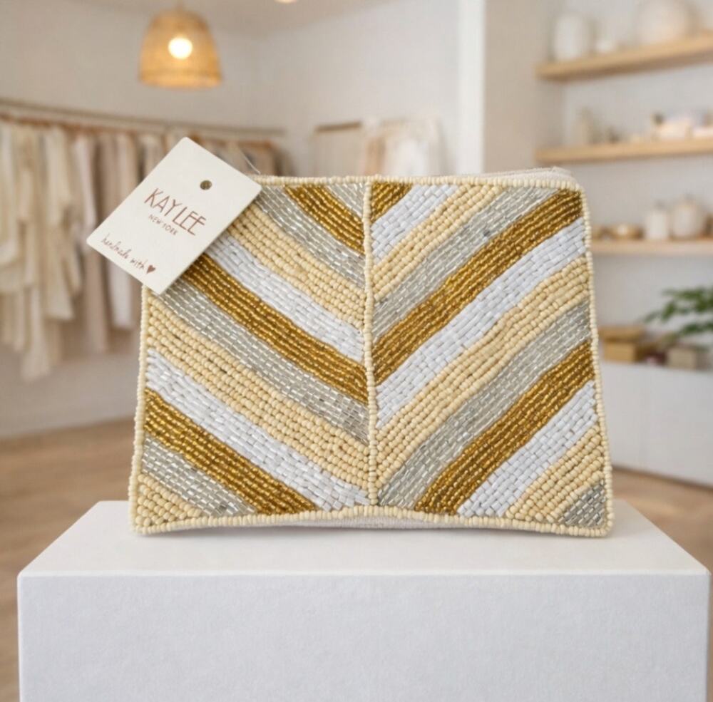 Kay Lee Ivory Metallic Striped Beaded Coin Purse NWT